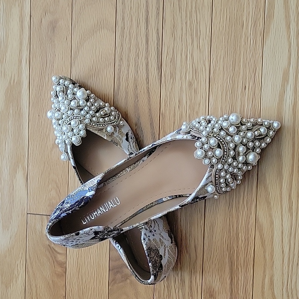 New! Women Pearl Rhinestone Pointed Toe Flat Shoes